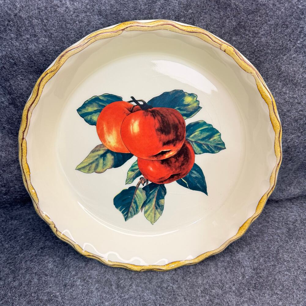Pier 1 Imports 10" Vibrant Apple Art Scalloped Edge Pie Dish Made In Italy VTG